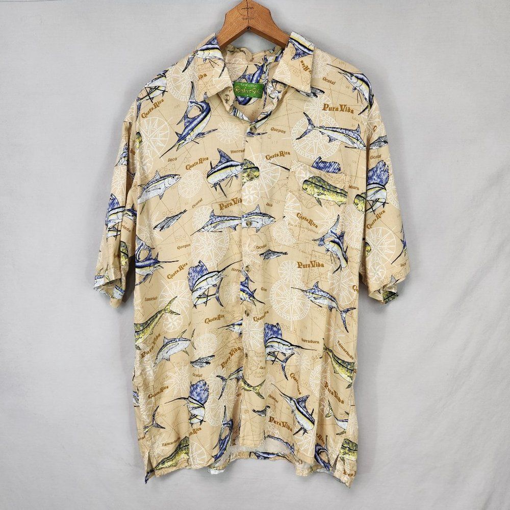 Tropic Joe's Rainforest Wear Men's L Button Up Shirt Sword Fish Costa Rica Tuna